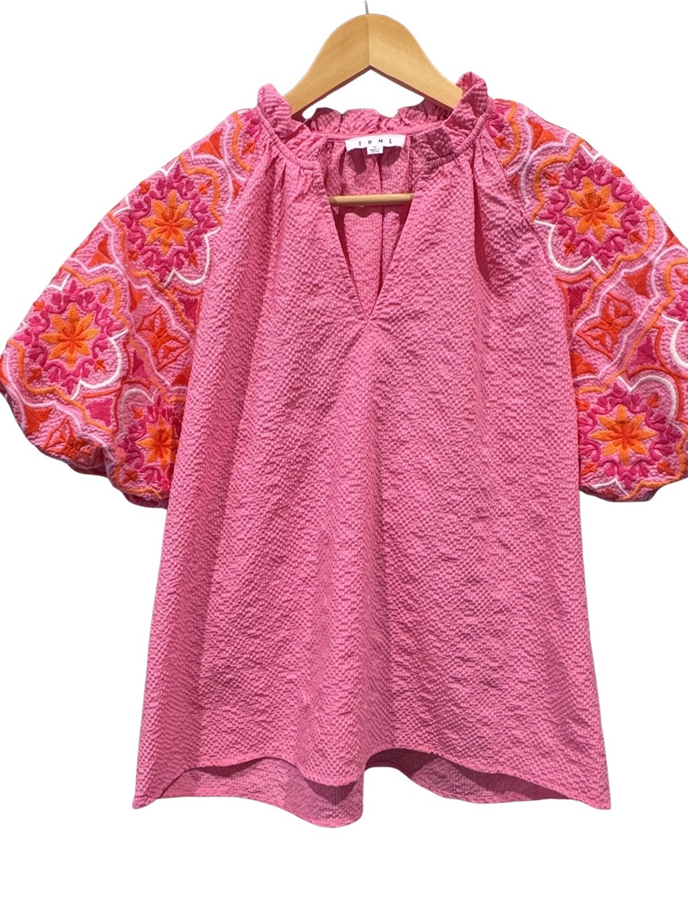 THML Womens M Pink Textured Embroidered Puff Sleeve Blouse Boho Top Peasant